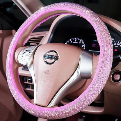 Car Fuzzy Bling Steering Wheel Cover for Women Purple, 15 Inch Universal with Colorful Diamonds Rhinestone Cute Accessories Crystal Anti-Slip Wheel Protectorer