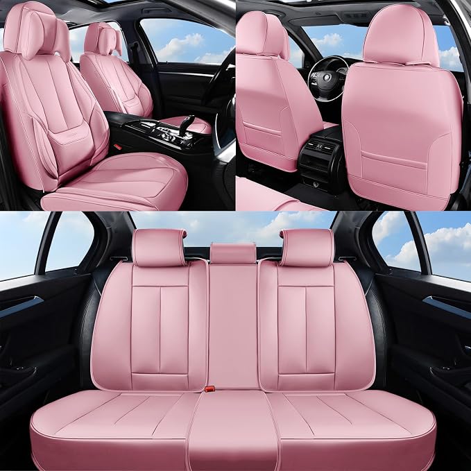 Coverado Seat Covers Full Set, 5 Seats Seat Covers for Cars, Waterproof Nappa Leather Car Seat Covers with Head Pillow, Seat Protectors Car Seat Cushion Universal Fit for Most Cars (Pink)