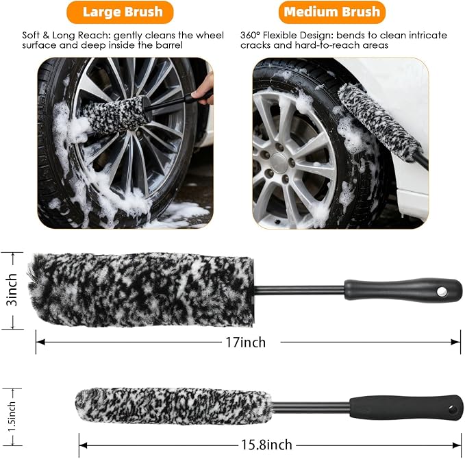 6PCS Car Rim Brushes for Cleaning Wheels, Car Detailing Cleaning Wash Brush Set, Stiff-Bristle Rim Brush with Tire Shine Applicator Pad for Cars SUV Tire RVs Trucks Wheel