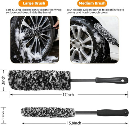 6PCS Car Rim Brushes for Cleaning Wheels, Car Detailing Cleaning Wash Brush Set, Stiff-Bristle Rim Brush with Tire Shine Applicator Pad for Cars SUV Tire RVs Trucks Wheel