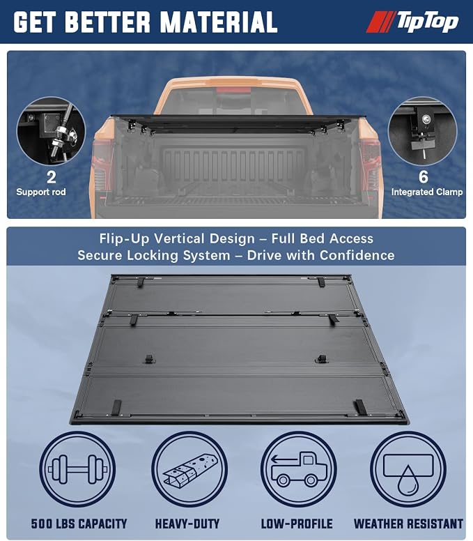 TIPTOP FILP Up Hard Folding Tonneau Cover Fits 2022-2026 Ford Maverick with 4.5ft Bed (54.4") | Lightweight FRP, Low-Profile Waterproof Truck Bed Cover G3.