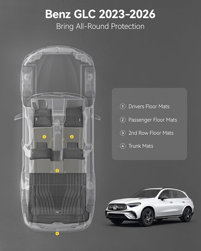 3W Floor Mats & Cargo Liner for Mercedes Benz GLC 2026 2025 2024 2023 GLC300 / GLC43 AMG / GLC63 AMG SE (Not for Coupe & PHEV (350e)), TPE All Weather Floor Liner & Cargo Mats Car Accessories