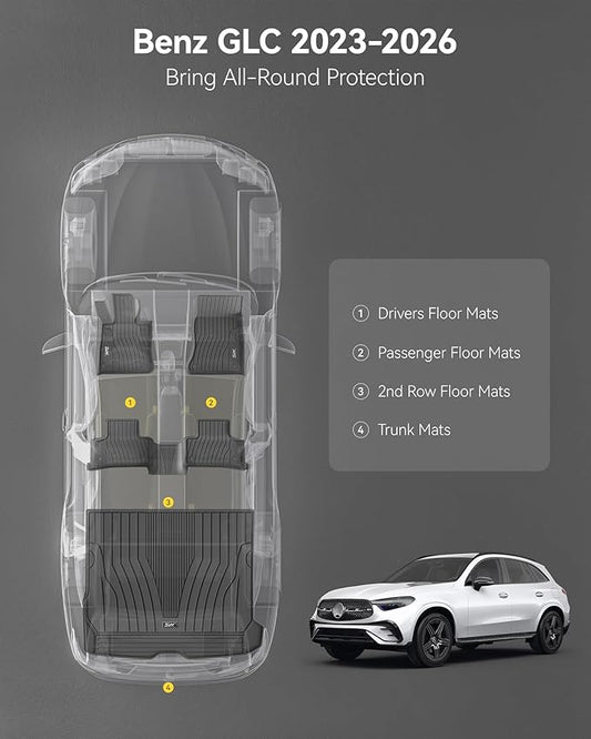 3W Floor Mats & Cargo Liner for Mercedes Benz GLC 2026 2025 2024 2023 GLC300 / GLC43 AMG / GLC63 AMG SE (Not for Coupe & PHEV (350e)), TPE All Weather Floor Liner & Cargo Mats Car Accessories