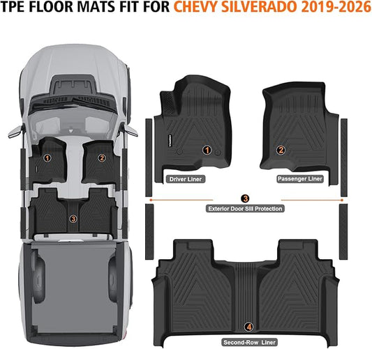Floor Mats for 2019-2025 Chevy Silverado/GMC Sierra 1500 Crew Cab, 2020-2025 Chevrolet Silverado/GMC Sierra 2500HD/3500HD Crew Cab with Rear Under-Seat Storage, Floor Liners for Silverado Accessories