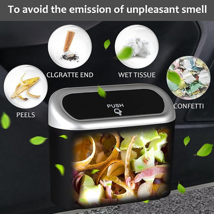 Accmor Car Trash Can with Lid, Mini Vehicle Trash Bin Car Dustbin Garbage Organizer Holder with Trash Bag, 2 Pack Small Hanging Leakproof Cars Storage Bag Container for Auto, SUV, Office (Silver)