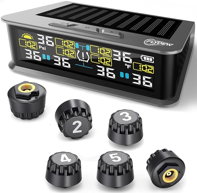 RV Tire Pressure Monitoring System, TPMS with 6 Sensors & 6 Alarm Modes, 0-144 PSI ±1.5PSI, Solar/USB Charging for Dually Trucks & Heavy-Duty Trailers