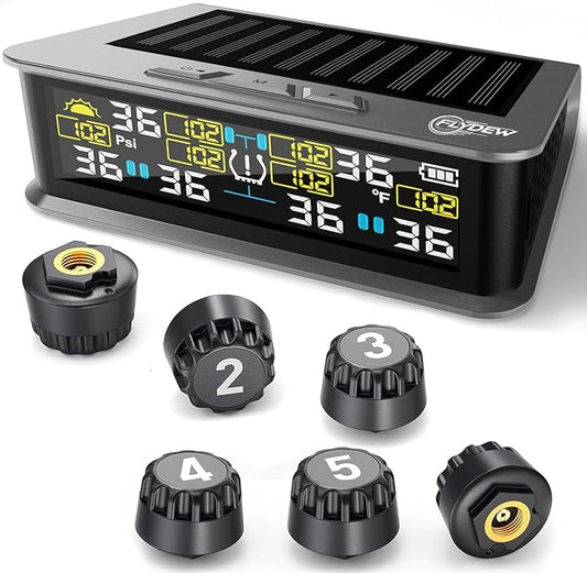 RV Tire Pressure Monitoring System, TPMS with 6 Sensors & 6 Alarm Modes, 0-144 PSI ±1.5PSI, Solar/USB Charging for Dually Trucks & Heavy-Duty Trailers