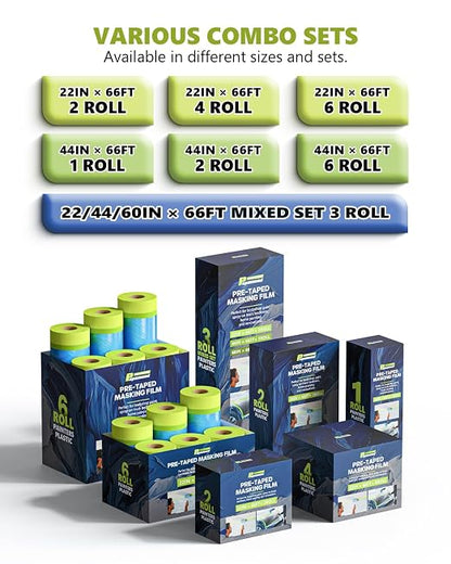 Pre-Taped Masking Film for Painting(2 Rolls) - 22" x 66'Painters Plastic Sheeting with Tape and Drape, Painters Drop Cloth for Automotive & Home, Cover for Walls/Floors/Windows/Cars Protection