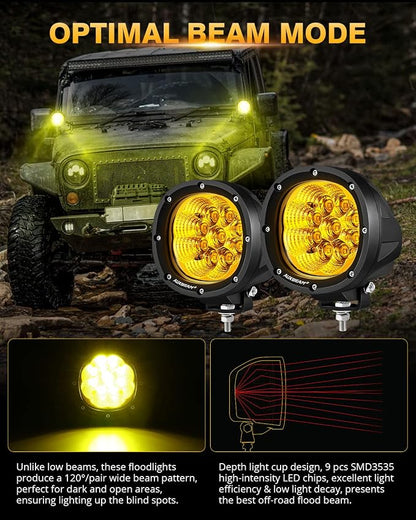 Auxbeam P4 Series Amber Round Fog Lamps 4-Inch 90W Flood Light Pods | Yellow driving lights for rain dust snow, 4x4 ATV Jeep truck motorcycle ditch lights, LED offroad light bar 2-pack