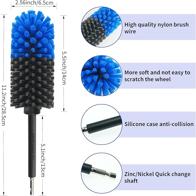 Wheel Brush, Soft Drill Wheel Cleaner Brush, Drill Brush for Car Wheel, No Scratches Highly Dense and Durable Car Wheel Brush Rim Tire Car Cleaning Brush for Wheels, Rims, Engines, Exhaust