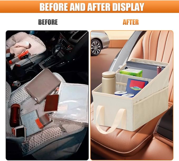 Craedli Car Seat Organizer, Collapsible Trunk Organizer Backseat Car Storage Box with 2 Compartments and Multiple Pockets, Passenger Seat Organizer with Handles for Front/Back Consoles (Beige)