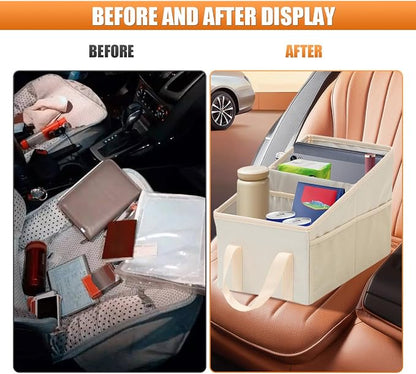 Craedli Car Seat Organizer, Collapsible Trunk Organizer Backseat Car Storage Box with 2 Compartments and Multiple Pockets, Passenger Seat Organizer with Handles for Front/Back Consoles (Beige)