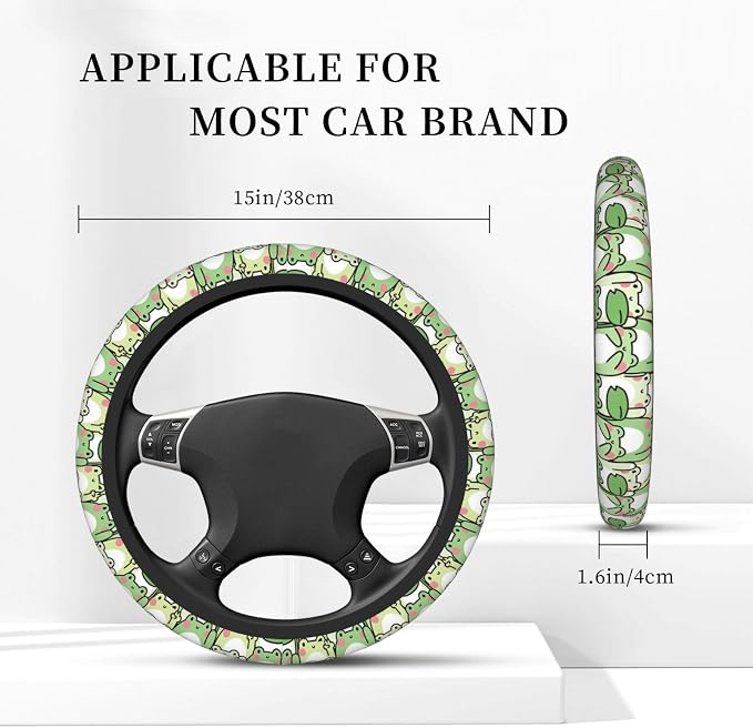Green Frog Steering Wheel Cover for Women,Universal Auto Steering Wheel 14-15 Inch Car Interior Accessories with 2PCS Car Coasters,Suitable for Men and Women