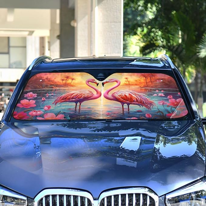 Windshield Sun Shade Flamingos Sunset Front Window Block UV Shades Visor Reflective Retractable for Car SUV Trucks