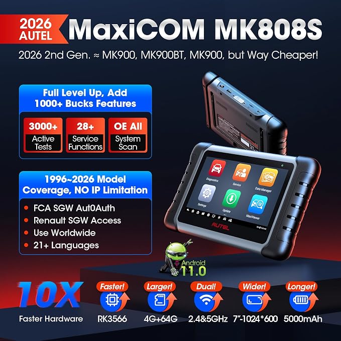 Autel MaxiCOM MK808S Bidirectional Scanner: 2026 Same as MaxiCheck MX808S MX900 MK900BT MK808BT Pro, 3000+ Active Test, 28+ Service for 200+ Brands, OBD2 All System Diagnose, FCA Autoauth & SGW, OS 11