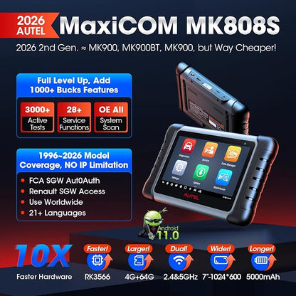 Autel MaxiCOM MK808S Bidirectional Scanner: 2026 Same as MaxiCheck MX808S MX900 MK900BT MK808BT Pro, 3000+ Active Test, 28+ Service for 200+ Brands, OBD2 All System Diagnose, FCA Autoauth & SGW, OS 11