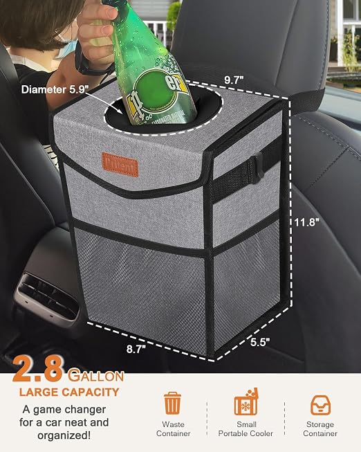Pritent Car Trash Can with Lid, Cute Leakproof Car Trash Garbage Bag Hanging Vehicle Trash Bin Small Portable Automotive Garbage Cans Organizer for Back/Front Seat/Console(2.8 Gallons,Grey)