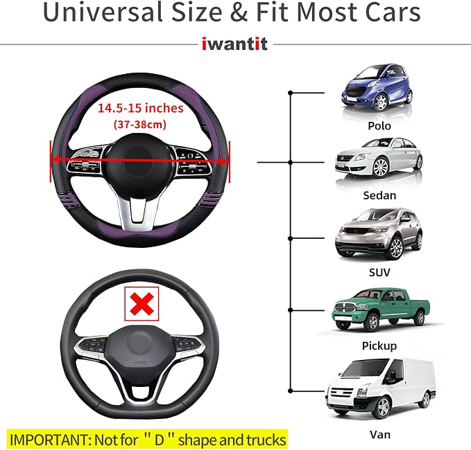 Iwantit® Steering Wheel Covers with Leather and Anti-Slip Rubber Ring, Universal Fit 14.5-15 inches for Cars,SUV (Purple/Black)