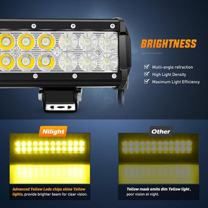 Nilight LED Light Bar 12 Inch 72W Spot Flood Combo Yellow Beam Off Road Lamp Fishing Hunting Emergency Deck Work Lighting for Trucks UTV Pick-up Van Boat Tractor