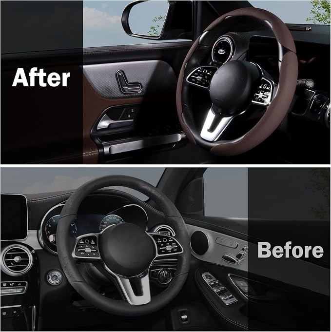 Car Steering Wheel Cover Leather Snap On 3Pcs Set Non-Slip Protector Wrap Steering Wheel Accessories 14.5-15 inch Universal Brown