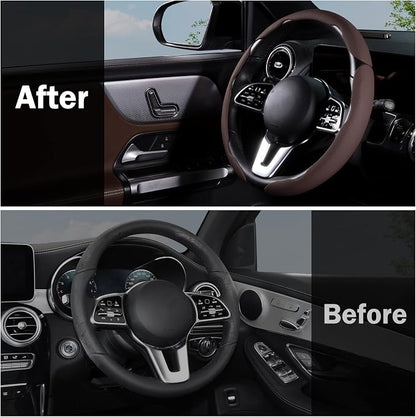 Car Steering Wheel Cover Leather Snap On 3Pcs Set Non-Slip Protector Wrap Steering Wheel Accessories 14.5-15 inch Universal Brown
