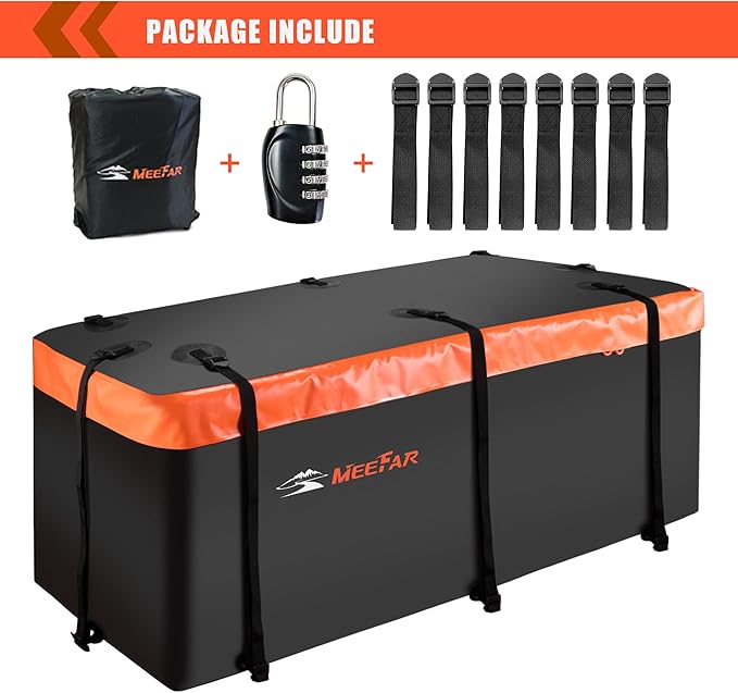 MeeFar Hitch Mount Cargo Carrier Bag Soft Shell 100% Waterproof 16 Cubic Feet (58" 24" 19") Include 8 Reinforced Straps for Truck Pickup All Vehicle with Steel Cargo Basket