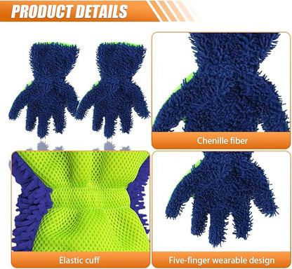 Craedli 2PCS Car Wash Mitts, Anti-Scratch Double Sided 5-Finger Microfiber Car Interior&Exterior Detailing Gloves, Soft Vehicle Chenille Dusting Mitt for Cleaning Wheel Tight Spot (Blue)