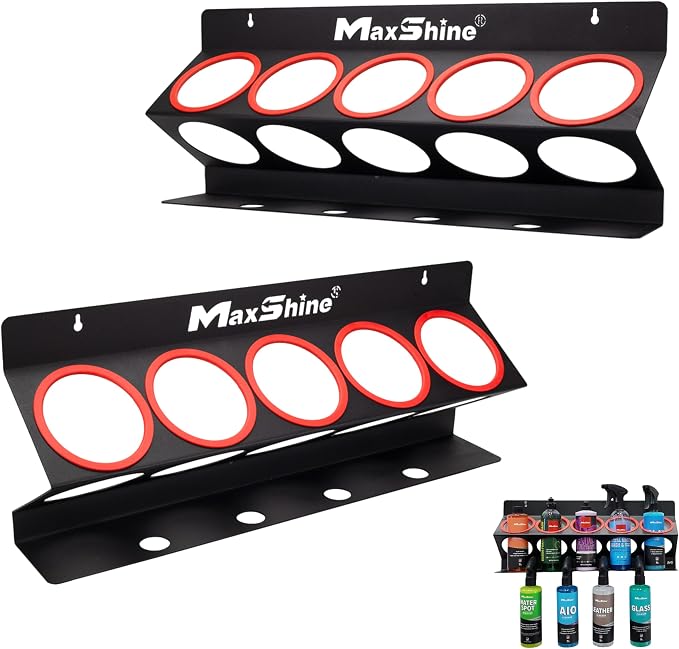 Maxshine Universal Detailing Spray Bottle Holder (2-Pack) – Mobile Detailing & Car Garage Organizer, Holds 5 Bottles (16/32oz) with 4 Small Holes – Lightweight Design, Easy Wall Mounting (Brand)