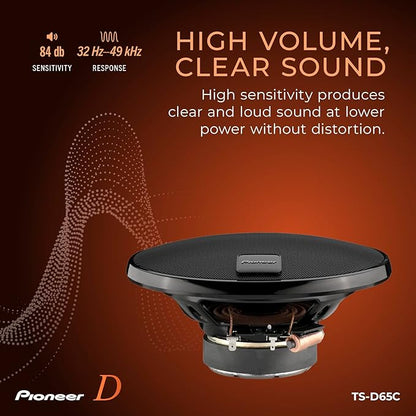 PIONEER D-Series TS-D65C 6.5” 2-Way Speakers (Pair) – 270W Max, Crisp Highs + Clear Vocals, Ideal Factory Upgrade, Add an Amplifier for Even Better Performance