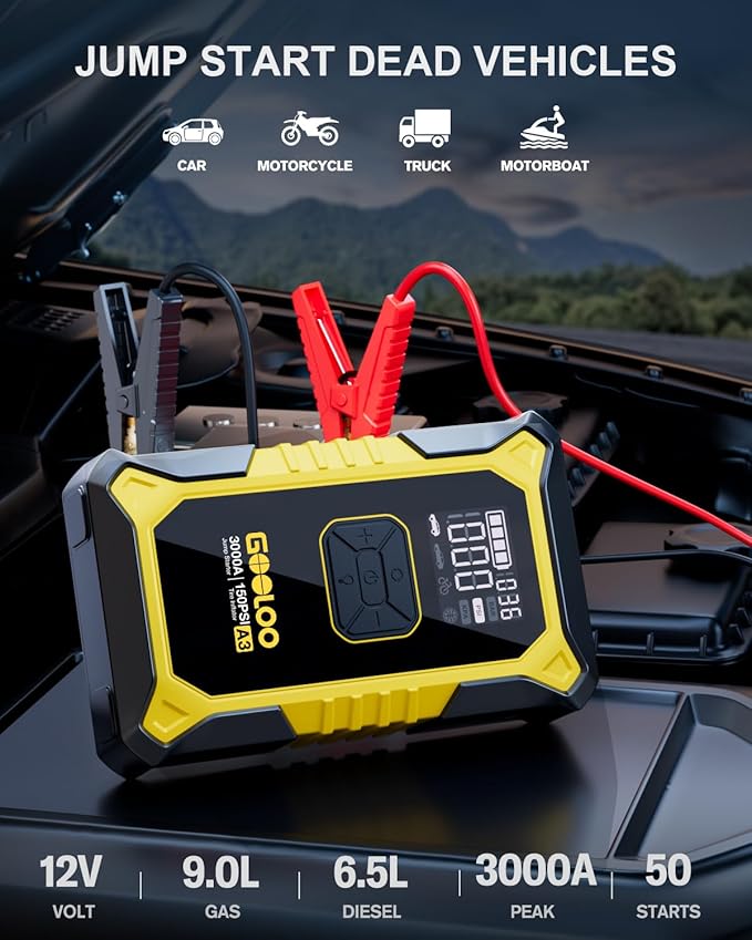 GOOLOO A3 Jump Starter with Air Compressor, 3000A Portable Car Battery Jumper Starter (9.0L Gas/6.5L Diesel) with 150PSI Auto-Shutoff Tire Inflator, 12V Supersafe Lithium Jump Box Car Booster, Yellow