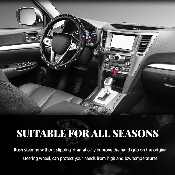 Bling Car Steering Wheel Cover, 15 Inch Diamond Leather Anti-Slip Auto Steering Wheel Protector, Cute Sparkly Rhinestones Wheels Cover Automotive Decoration for Women Girl (Black)