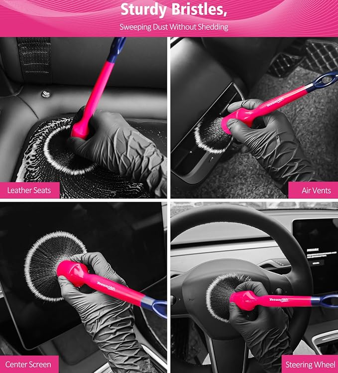 YeewayVeh 6PCS Car Detailing Brush Set, 3pcs Boars Hair Detailing Brushes, 3pcs Ultra Soft Detail Brush for Leather Seat Air Vents Engine Bay, Detail Brushes Car Detailing for Interior Exterior, Pink