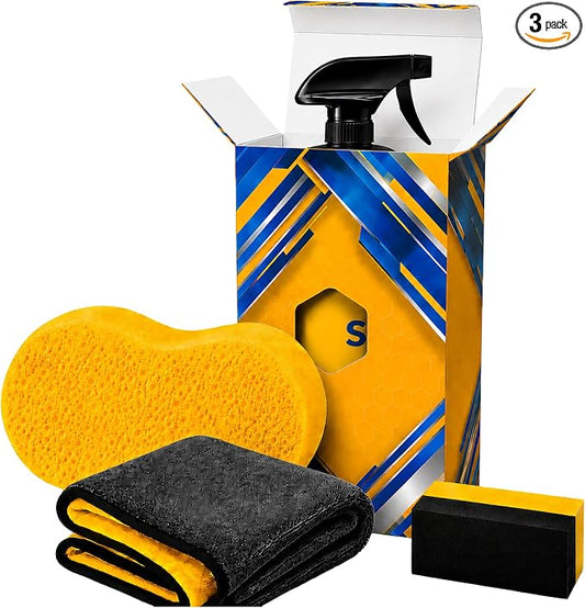 Premium Ceramic Coating Car Care Kit (3-Pack) - 16.9 fl oz Hydrophobic Spray, Microfiber Towel, Foam Applicator Pad & Wash Sponge | Full-Season Bundle