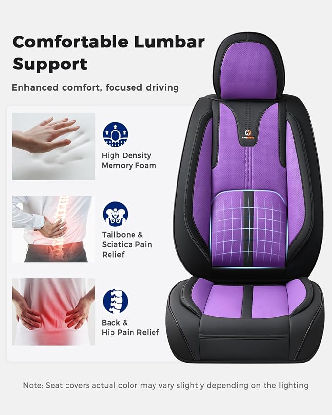 Huidasource Leather Seat Covers Luxury Nappa Leather, Seat Covers for Cars with Velcro Adjustable, Airbag Lumbar Support Cooling＆Heating, Seat Covers for SUV Fit for Most Cars SUV Trucks, Black＆Purple
