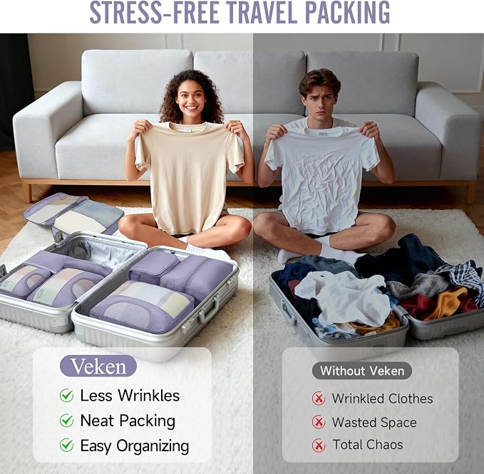 Veken 8 Set Packing Cubes for Travel Essentials,Anti-Wrinkle Buckled Suitcase Organizer for Shoe & Toiletry Bag,Carry On Luggage Bag with 99+ Count Mesh Holes for Airplane & College Dorm Accessories