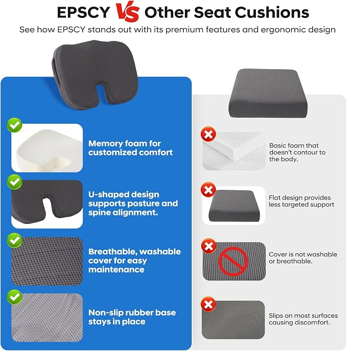 EPSCY Memory Foam U-Shaped Cushion for Coccyx, Hemorrhoid, Sciatica & Tailbone Pain Relief - Pressure Reducing Seat Cushion with Removable Cover - Postpartum Pillow for Office Chair, Wheelchair, Gray