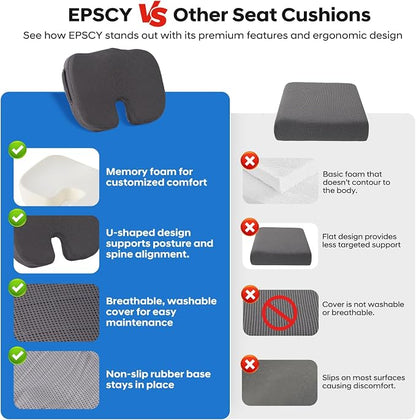 EPSCY Memory Foam U-Shaped Cushion for Coccyx, Hemorrhoid, Sciatica & Tailbone Pain Relief - Pressure Reducing Seat Cushion with Removable Cover - Postpartum Pillow for Office Chair, Wheelchair, Gray