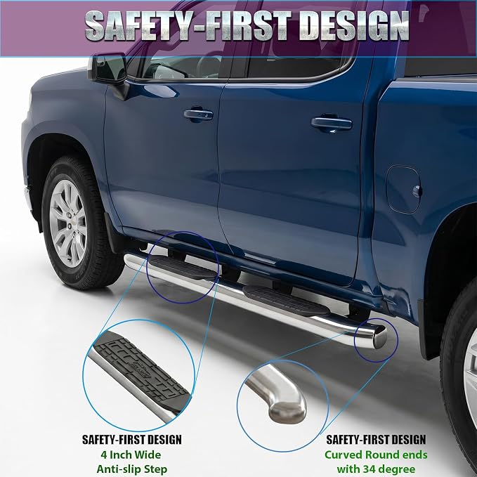 4 Inch Curved Running Boards Stainless Steel Nerf Bars Side Steps Compatible with 2007-2021 Toyota Tundra Crew Cab, No-Cut, No Drilling, Bolt on Installation