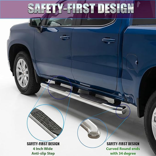 4 Inch Curved Running Boards Stainless Steel Nerf Bars Side Steps for 2000-2018 Chevy Silverado/GMS Sierra 1500 2500 3500 Crew Cab (with DEF Tank), No-Cut, No Drilling, Bolt on Installation