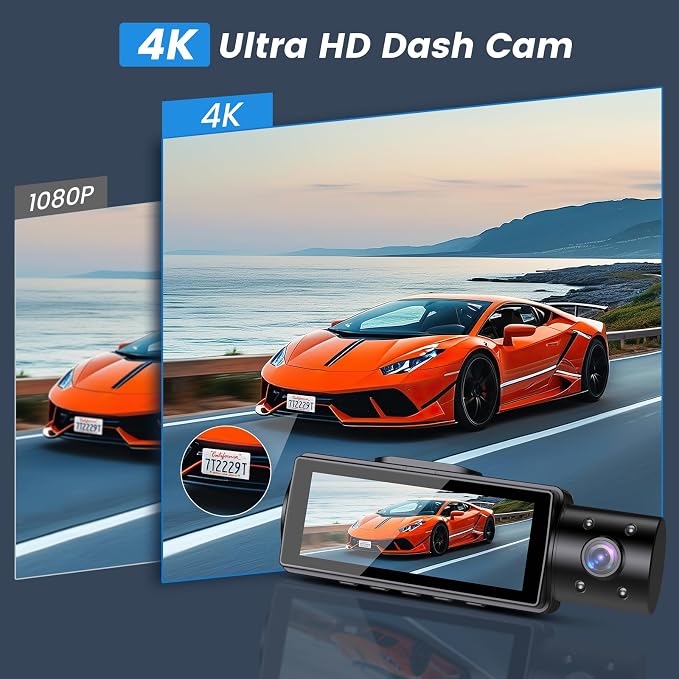 Miden 4K WiFi Dash Cam Front and Rear Inside, Free 64G SD Card, 2160P+1080P+1080P FHD 3 Channel Dash Camera for Cars, Night Vision, 24H Parking Monitor, 360° All Sides Dashcam, G-Sensor, WDR