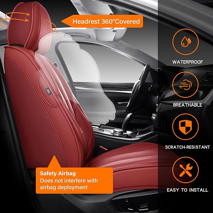MINGBRON Front Car Seat Covers, Leather Car Seat Covers, Fit for Most Cars SUV and Most Sedan Red