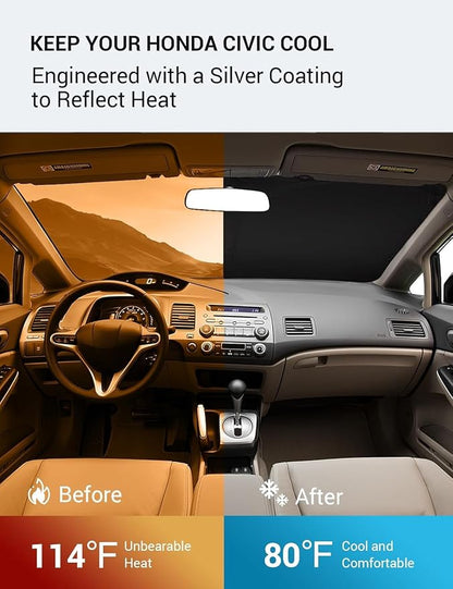 Proadsy 2026 Upgrade Windshield Sun Shade Custom Fit 2006-2011 Civic Foldable Front Sunshade Protector Sun Visor Blocks UV Rays Keep Car Cooler