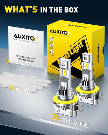 AUXITO Upgraded H11B Bulbs, 1500% Brighter 6500K White with Cooling Fan, 1:1 Mini Size Anti-Flicker, 3 Min Quick Install, 20 Years Long Lifespan, 99% Compatibility, Pack of 2