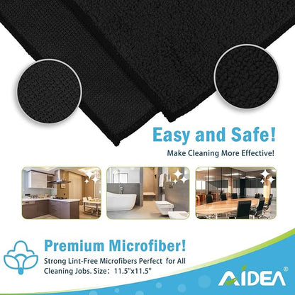 AIDEA Microfiber Cleaning Cloth Black 50PK, Microfiber Towels for Cars, Premium Car Cloths, Dusting Cloth Lint Free Cleaning Rags for SUVs, House, Kitchen, Window, Workshops,11.5×11.5"