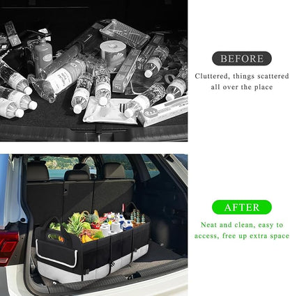 povtii Large Organizer for Car, 95L Stretchable Storage Trunk Organizer with Divided Compartments, Fixed Big Trunk Organizer with Handles & Adjustable Straps, Car Accessories (Black & Gray)