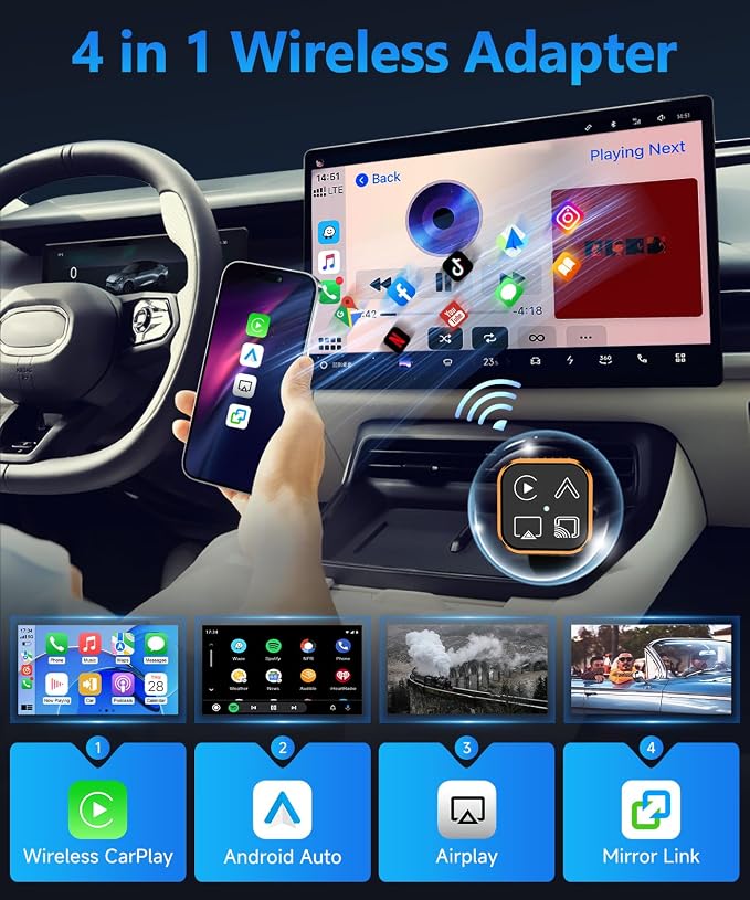 2026 4 in 1 Mini Wireless CarPlay Android Auto Adapter, Support AirPlay MirrorLink, Convert Wired to Wireless, Auto Connect for Daily Commute, Plug and Play Dongle (Orange)