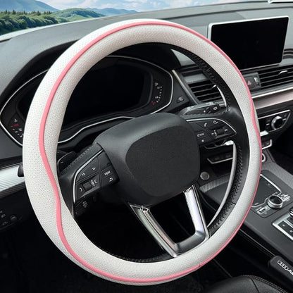 HAOTULE Leather Steering Wheel Cover， with Anti-Slip Stripe Design - Enhanced Grip, Fashion Style, Safe, Non-Slip, Breathable. Upgrade car Interior，White Pink