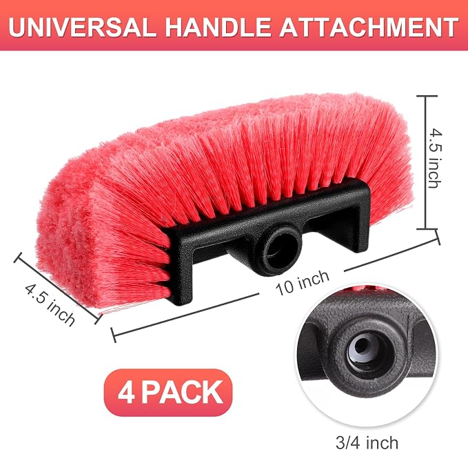 Vesici 4 Pcs Car Wash Brush Head with Soft Detailing Bristle Flow Thru Car Cleaning Brush Exterior Cars Wash Equipment for Auto Truck RV Boat Camper Washing, 10 Inch (Red)