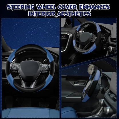 Soft Leather Steering Wheel Cover with Breathable Design and Anti-Slip Grip, Fully Compatible with Tesla, Toyota, Honda, Nissan 14.5-15.2 inch Round Steering Wheel（Sedans and SUVs）