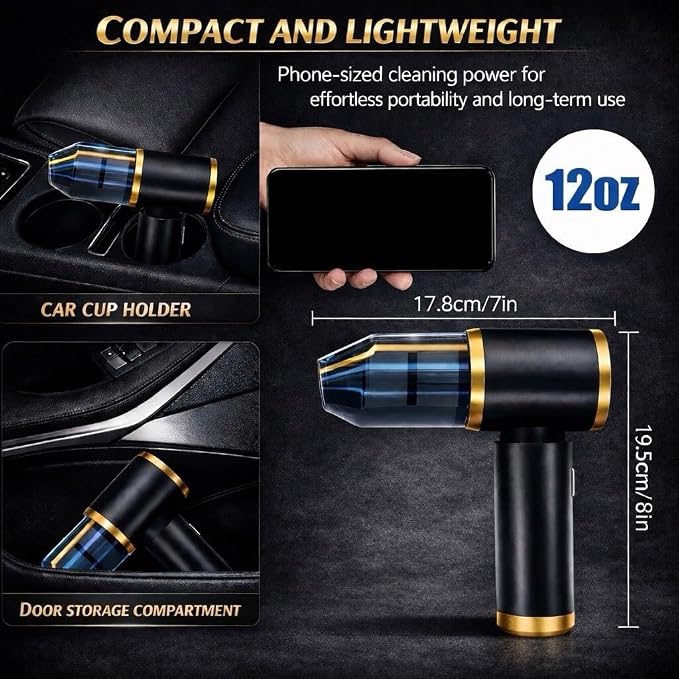 Portable Car Vacuum and Air Duster, 9000pa Suction, 4000mah Battery, USB-C Charging, Black and Gold, with 6 Attachments